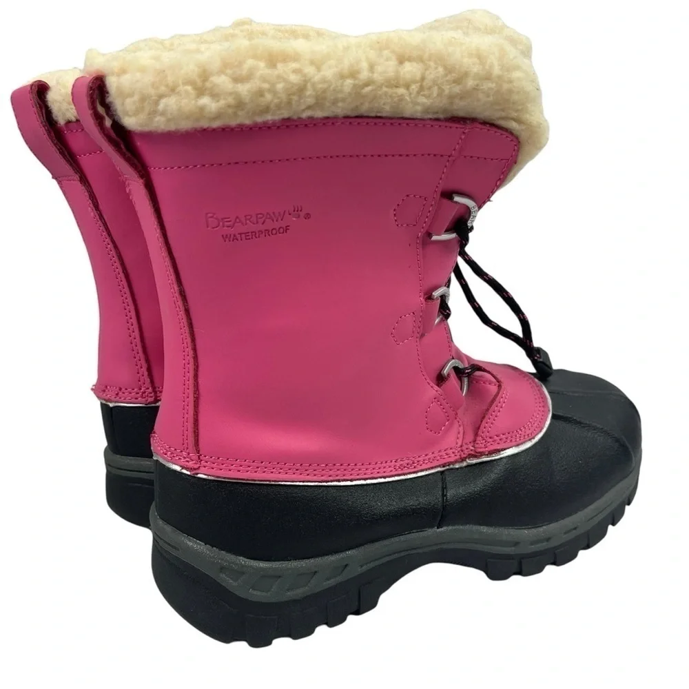 Bearpaw Youth Girls Waterproof Snow Boots Pink Black Sherpa Lined Size 5